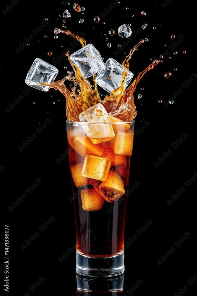 Poster refreshing cola beverage with ice cubes splashing in a tall glass against a dark backdrop