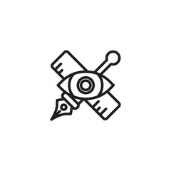 An eye intersected by a ruler, pen tool, and paintbrush, symbolizing a focus on visual design, precision, and creative tools.