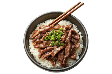 Japanese Gyudon beef rice bowl with sliced meat, green onions, and chopsticks, in ceramic bowl isolated on white transparent background, concept of Asian cuisine