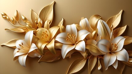 Golden Lily with Stucco Stems and Leaves An elegant 3D floral background. Elegant 3D Floral Background Featuring Golden Lily with Stucco Stems and Leaves. Generated with AI
