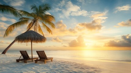 Obraz premium Tropical beach sunset paradise. Two wooden beach chairs under a straw beach umbrella at a beautiful sunset on a pristine white sand beach