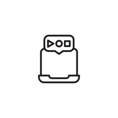 A laptop with a speech bubble above it containing a triangle (play), circle, and square, suggesting multimedia options, format choices, or interactive content on a computer.