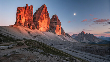 Naklejka premium Dramatic Sunset over Tre Cime di Lavaredo Dolomites in Italy