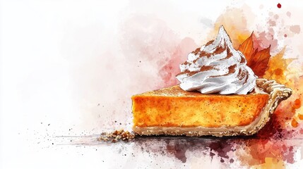 Autumnal pumpkin pie slice with whipped cream topping.