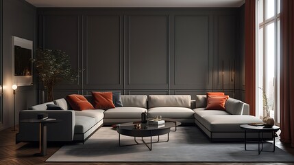 Elegant Living Room Design with Sectional Sofa Large Window and Dark Gray Wall Panels Inviting Ambiance for Stylish Gatherings