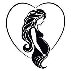 Expecting Mother Silhouette: A beautiful silhouette of a pregnant woman, her flowing hair cascading down her back, stands gently cradled within a heart shape. The image symbolizes motherhood, love.