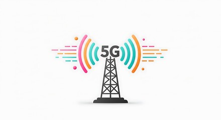 Fototapeta premium illustration of 5G concept with a signal tower and fast wave lines, clean and modern design on white background.