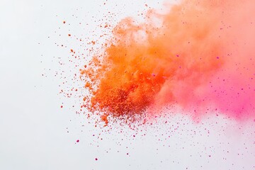 A soft burst of orange and pink Holi powder suspended in mid-air, just moments after being thrown, against a white backdrop