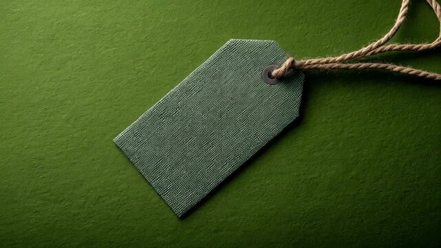 Green textured tag with hemp cord lies diagonally on matching green surface with soft shadow and ample empty space for text or logo