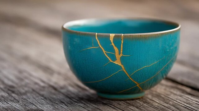 Kintsugi art: turquoise ceramic bowl on wooden table