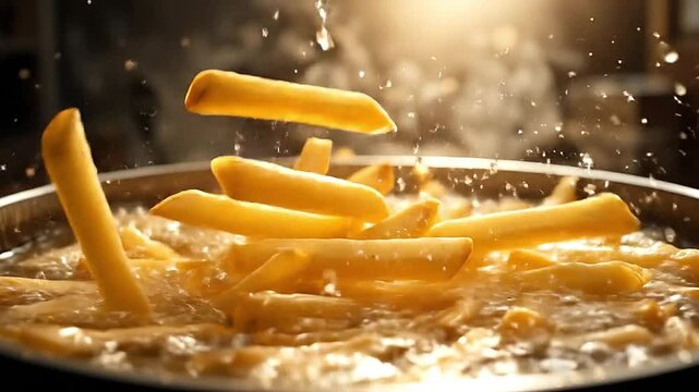 Golden Fries Dropped into Deep Fryer in Slow Motion