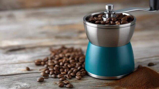 Stylish teal coffee grinder on rustic wooden table with coffee beans