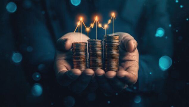 Growing wealth, financial success visualized with glowing upward graph above stacks of coins held in hands