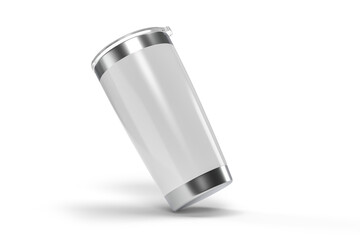 3D Stainless steel tumbler mockup with transparent plastic lid. Blank Insulated container aluminium mug isolated on background. Template for presentation branding product, thermos glass, beverage cup