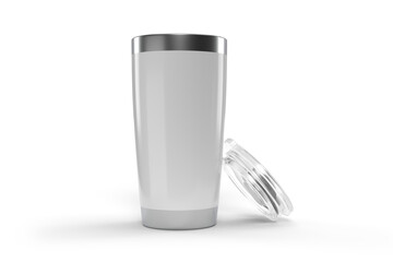 3D Stainless steel tumbler mockup with transparent plastic lid. Blank Insulated container aluminium...