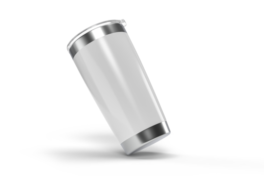 3D Stainless steel tumbler mockup with transparent plastic lid. Blank Insulated container aluminium mug isolated on background. Template for presentation branding product, thermos glass, beverage cup