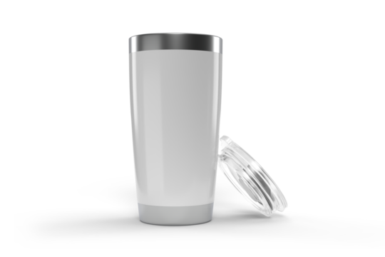 3D Stainless steel tumbler mockup with transparent plastic lid. Blank Insulated container aluminium mug isolated on background. Template for presentation branding product, thermos glass, beverage cup