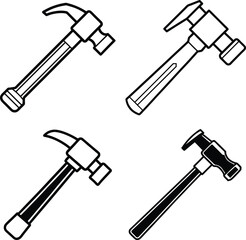 Hammer Tool Outline Icons Set. Black and White Construction Clipart Collection