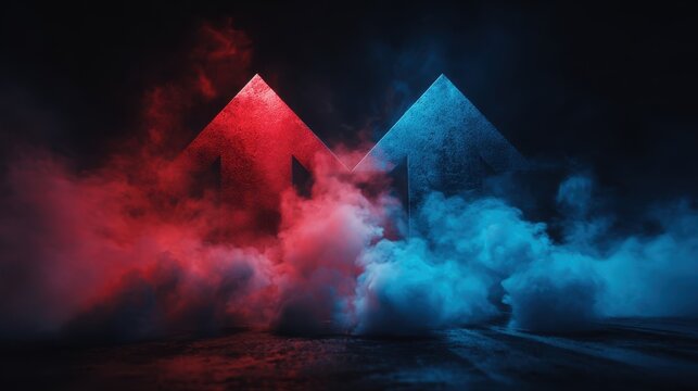 A 4K photo of striking visual of contrasting red and blue arrows amidst an atmospheric smoky backdrop, symbolizing opposition or choice.