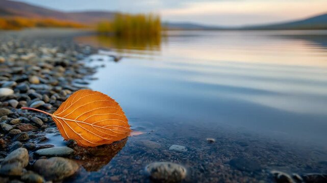 Vibrant orange leaf by tranquil lake at sunset