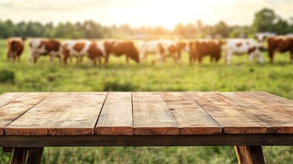 Fototapeta premium Rustic Wooden Table Cows Grazing Pasture Sunny Farm Idyllic Rural Scene Countryside Summer Nature