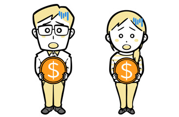 困った顔で外貨のコインを持つ、普段着の若い夫婦