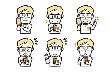 スマホ操作する、普段着の若い男性の表情セット