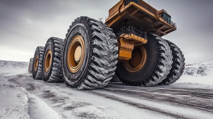Heavy-duty mining vehicle on a snowy road.