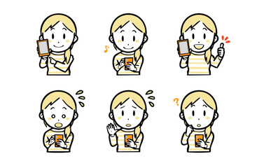 スマホ操作する、普段着の若い女性の表情セット