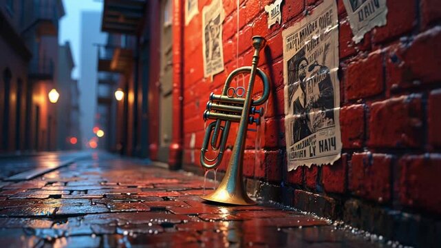 New Orleans Jazz: Trumpet on a Rainy Street