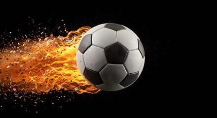 Fototapeta premium Soccer Ball Flying with Flames Trail on Black Background