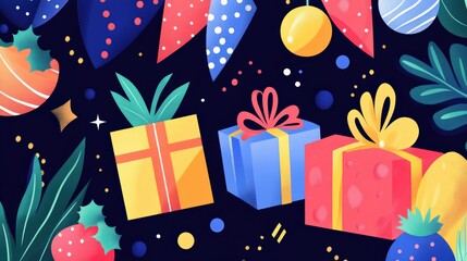 Obraz premium Colorful gift boxes and festive decorations in a vibrant seasonal design