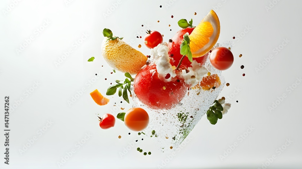 Poster creative 4d floating culinary geometry on white background with abstract design