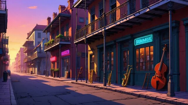 New Orleans Jazz Street at Dusk: Colorful Buildings & Musical Instruments