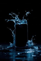 Smartphone with splash of water around it against a black background. Protection concept.