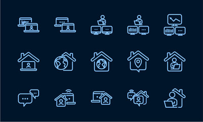 Remote Work Line Icons . Freelancer Work from Home, Video Call, Online Meeting, Teleconference Vector Set