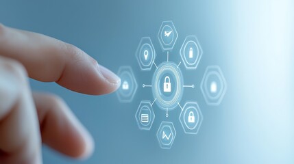 Finger touching digital interface with central padlock icon surrounded by various security related symbols representing managed IT services focused on security