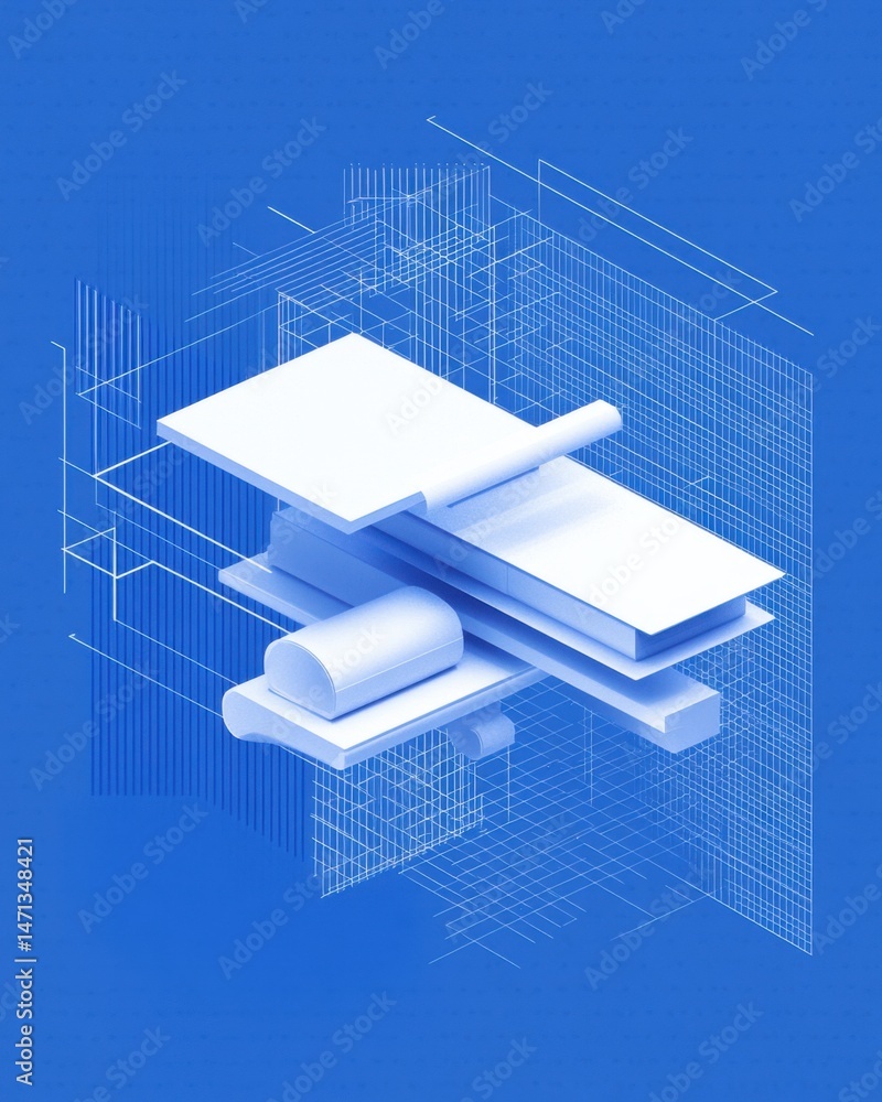 Poster abstract geometric composition in blue and white isometric view architectural concept design with wi