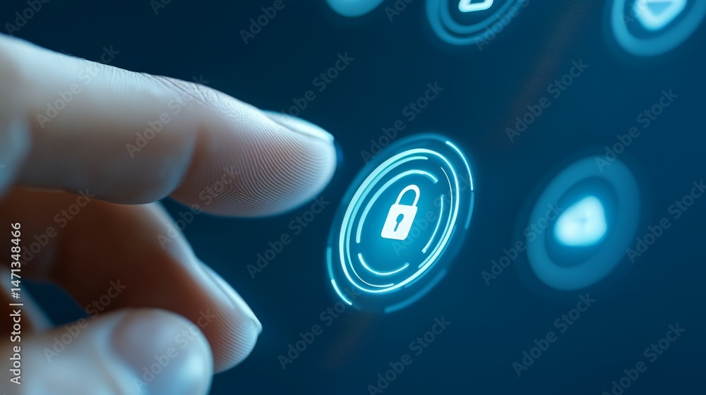 Poster the image shows finger about to touch digital padlock icon on glowing blue interface representing th