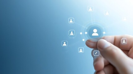 Hand selecting central user icon connected to other user icons on digital interface representing social networking or relationship management