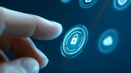 The image shows finger about to touch digital padlock icon on glowing blue interface representing the concept of cyber security
