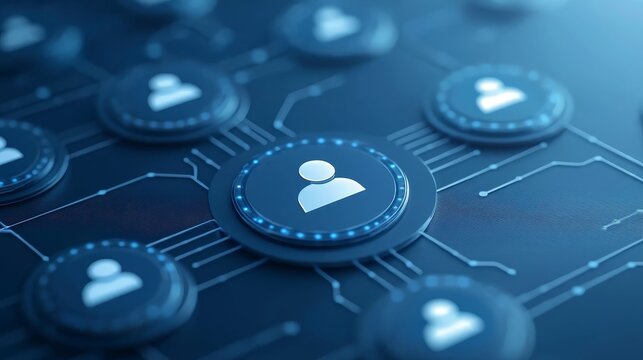 The image displays interconnected user icons on  circuit board like background visually representing network of digital identities 