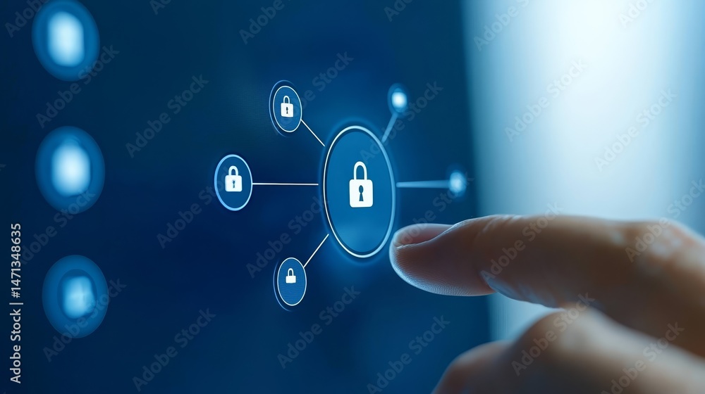 Poster the image illustrates finger touching digital interface displaying central padlock icon connected to