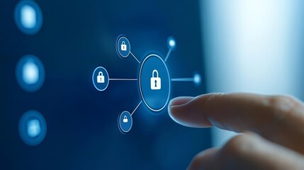 The image illustrates finger touching digital interface displaying central padlock icon connected to smaller padlock icons, visually representing cyber security or information protection
