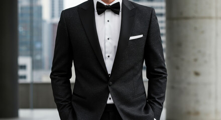 Stylish Man in Sparkling Black Tuxedo and Bow Tie Standing in Modern Urban Setting