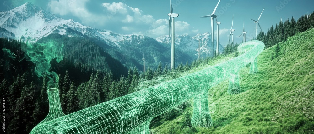 Aufkleber clean energy network concept visualizing sustainable future with wind turbines and green pipeline in
