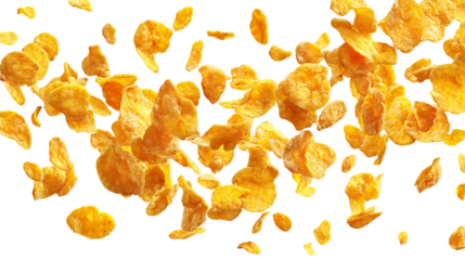 Golden Cornflakes Falling Against Transparent Background, PNG