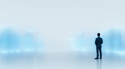 Fototapeta premium Businessman in suit stands against blue sky background concept of success for people in management