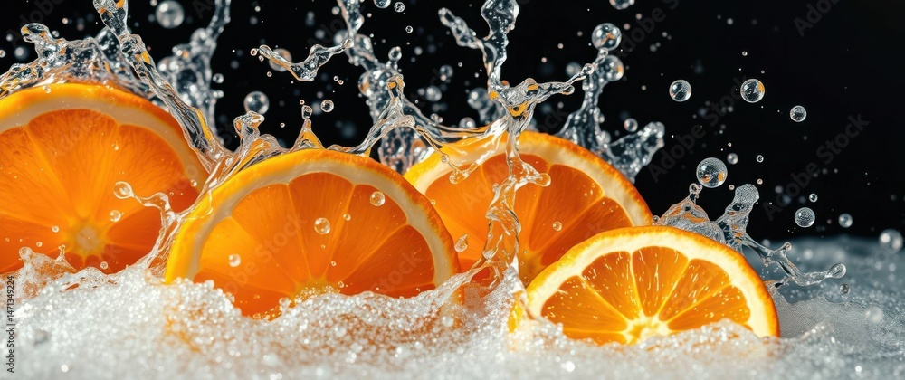 Poster orange slices in water: a vibrant image of sliced oranges surrounded by splashing water, creating mo