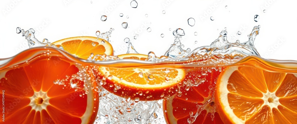 Poster refreshing citrus slices in water, creating splash. a vibrant image perfect for summer refreshments.